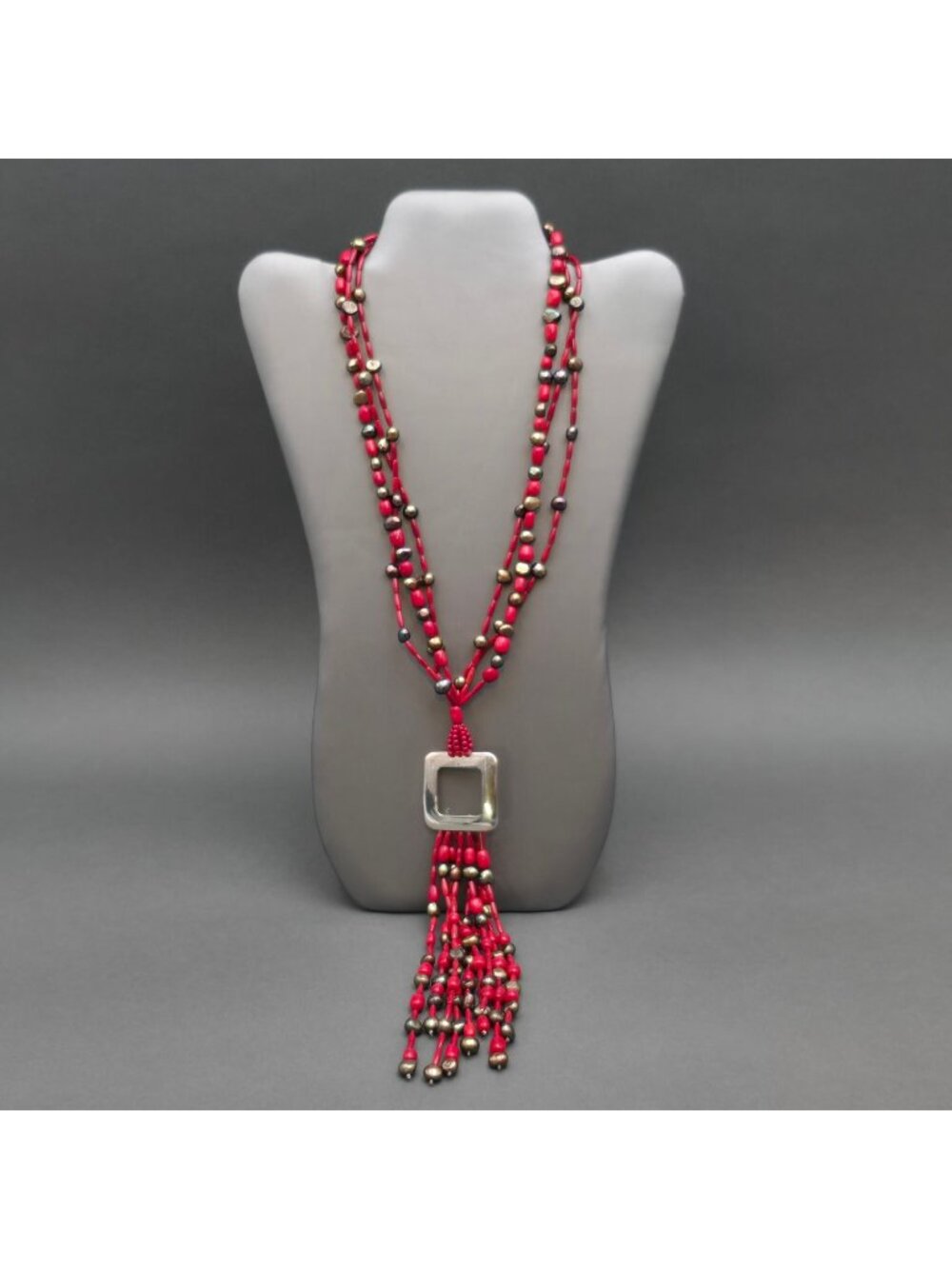 Jay King DTR Sterling Red Coral Black Peacock Pearl Multi Strand Tassel Necklace